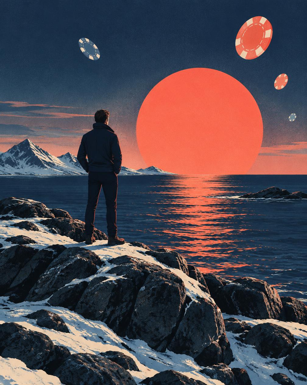 Kuvitus ihmisestä pohjoisella rannalla laskevan auringon edessä